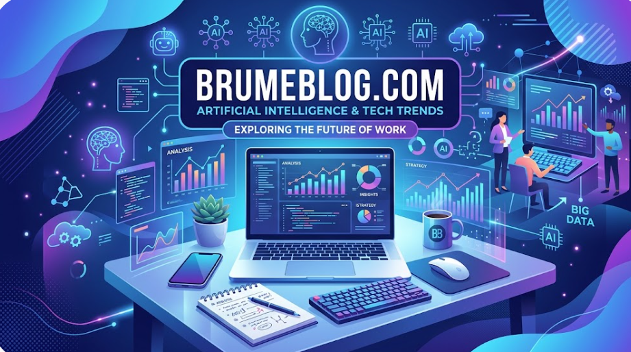 Modern digital workspace dashboard with analytics charts and laptop displaying BrumeBlog.com review for technology and business trends